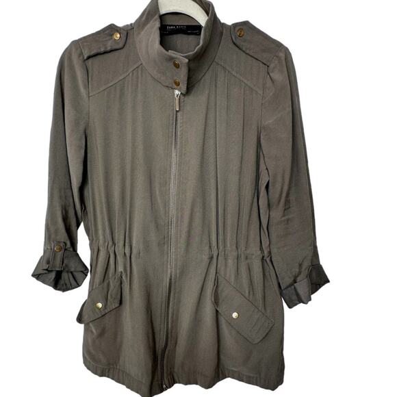 Zara Olive Green 3/4 Cuffed Sleeve Collared Zip Cinch Waist Jacket XS - Picture 2 of 13